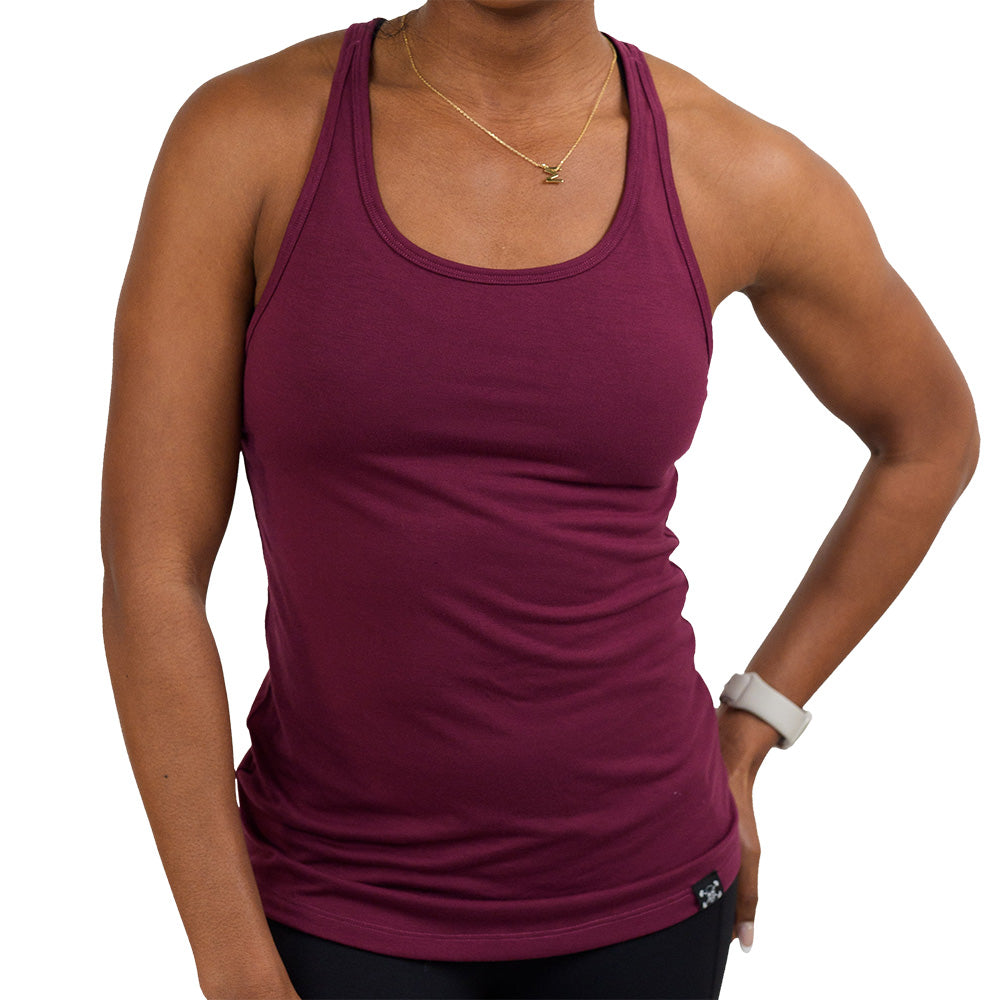 front of the dark red tank top with open back against a white background