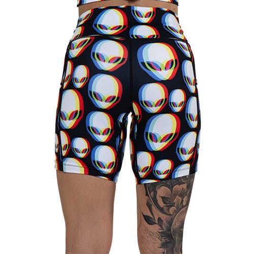 back view of alien patterned shorts