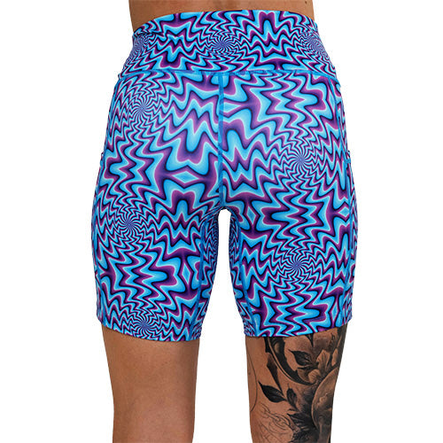 back of 7 inch blue and purple mind games shorts