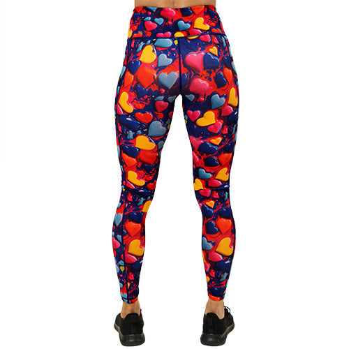 back of full length colorful heart pattern leggings