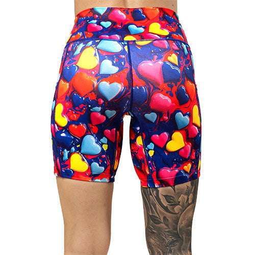 back of 7 inch colorful heart pattern shorts