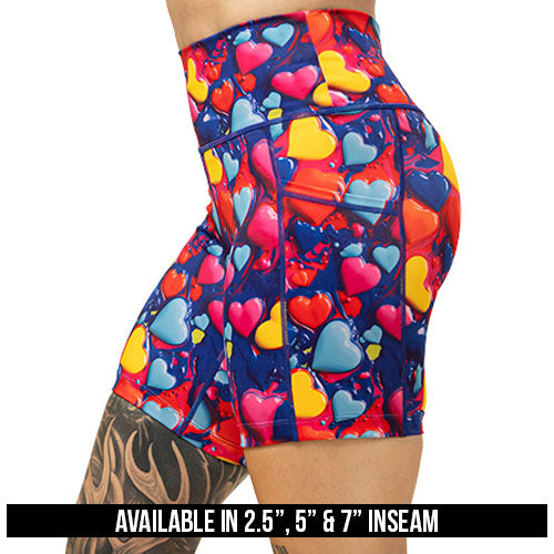 colorful heart pattern shorts available in 2.5, 5 & 7 inch inseam