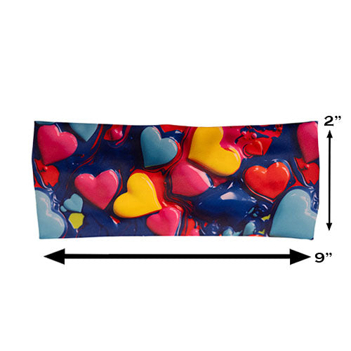 colorful heart pattern headband measured at 2 by 9 inches