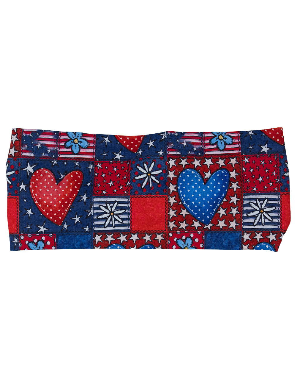 front of the red white and blue headband with blue and red hearts against a white background