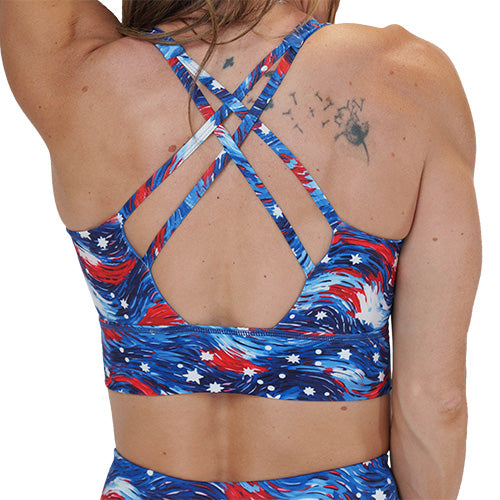 back of the red, white and blue paint patterned sports bra 