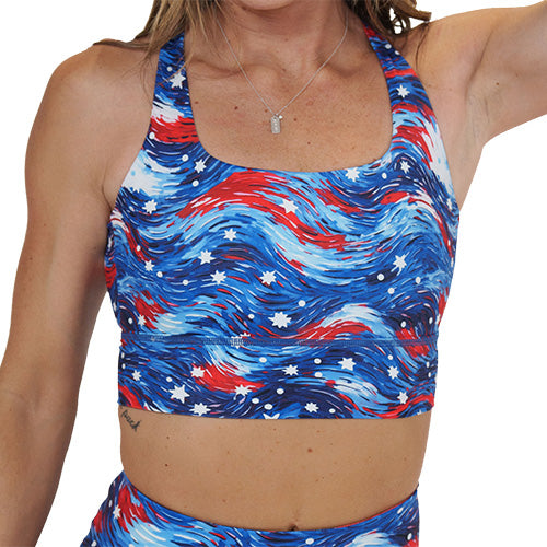 red, white and blue paint patterned sports bra 