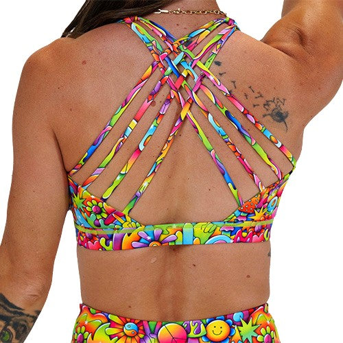 back of the 70s themed sports bra