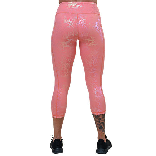 back of capri length pink iridescent leggings