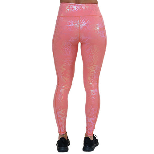 back of full length pink iridescent leggings