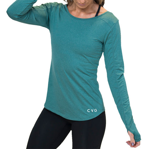model wearing a sea green long sleeve shirt
