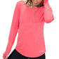 model wearing a watermelon pink long sleeve shirt