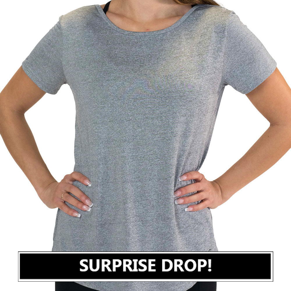 model wearing a heathered grey tee