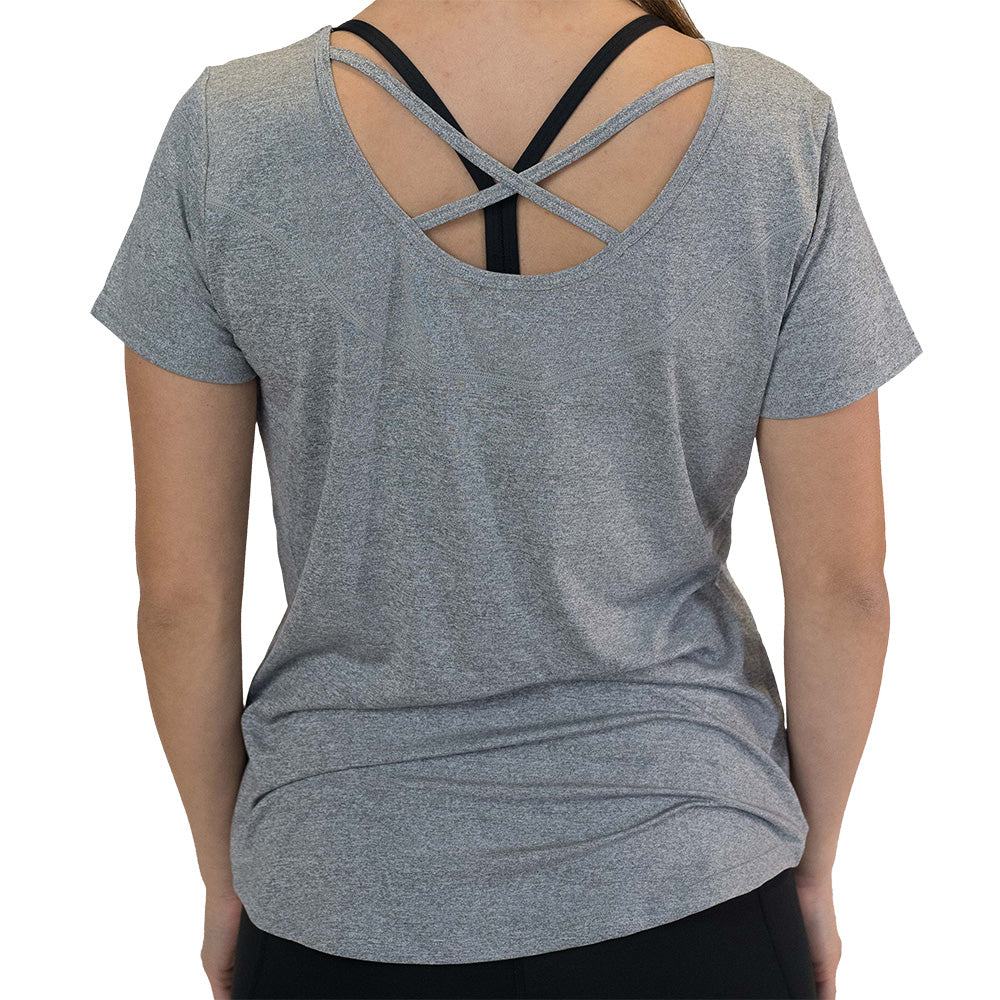 back of the model wearing a heathered grey tee