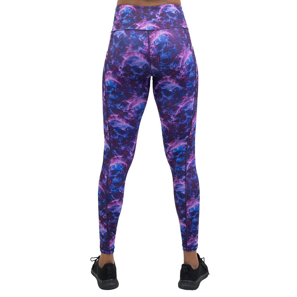 back of the purple and blue skull and flames patterned leggings