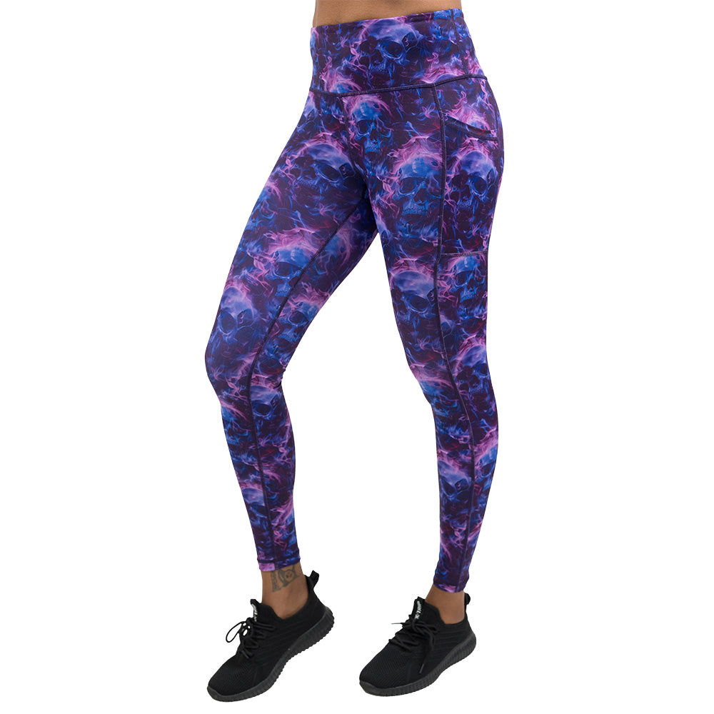 purple and blue skull and flames patterned leggings