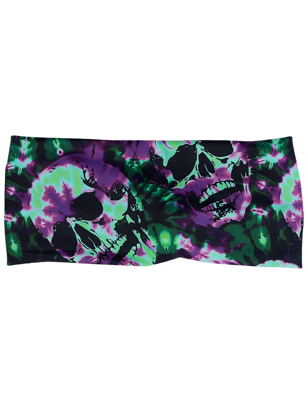 front of the green and purple skulls tie dye headband