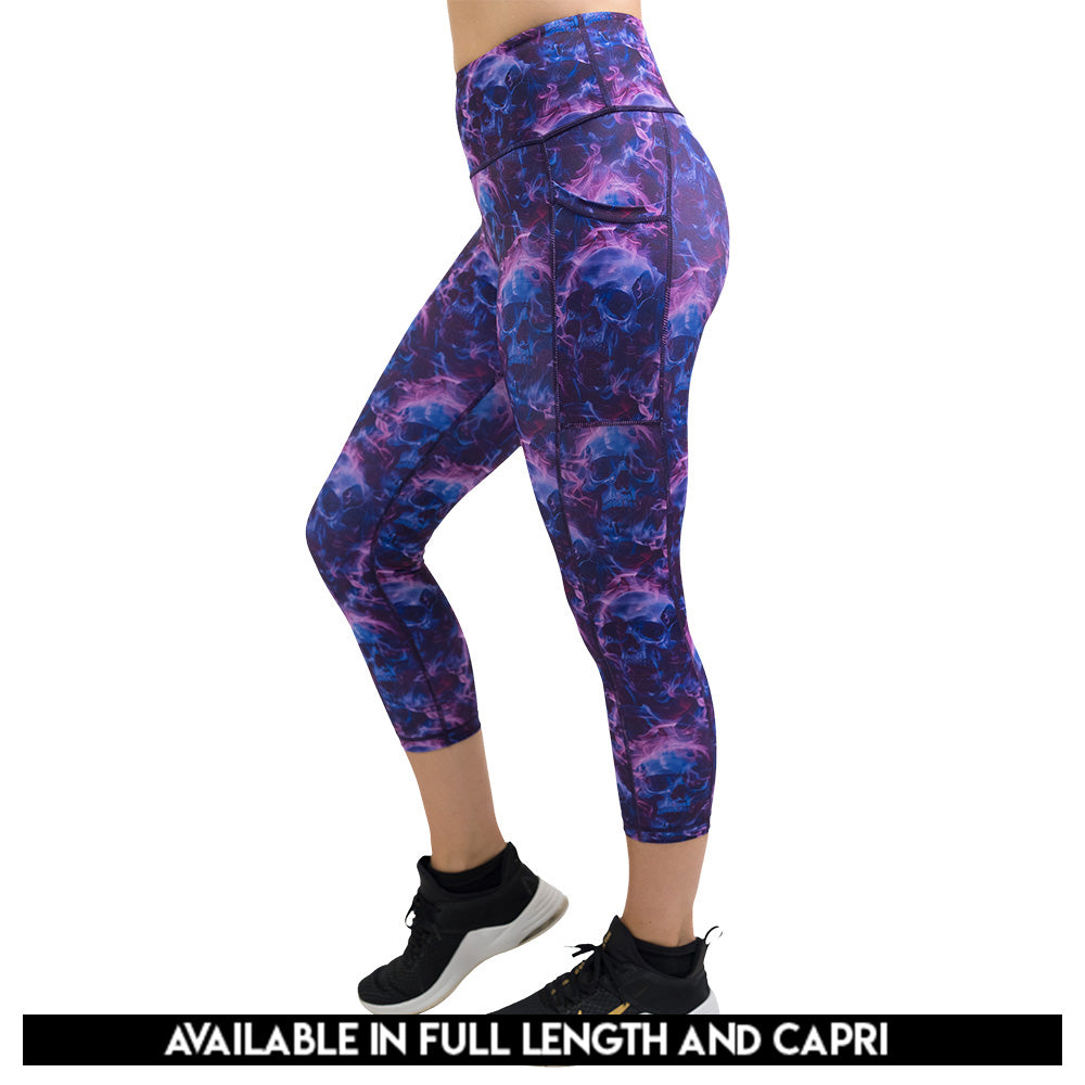 purple and blue skull and flames patterned leggings