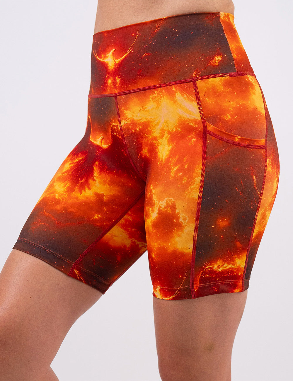 front of the 7 inch phoenix surrounded by fire shorts against a white background