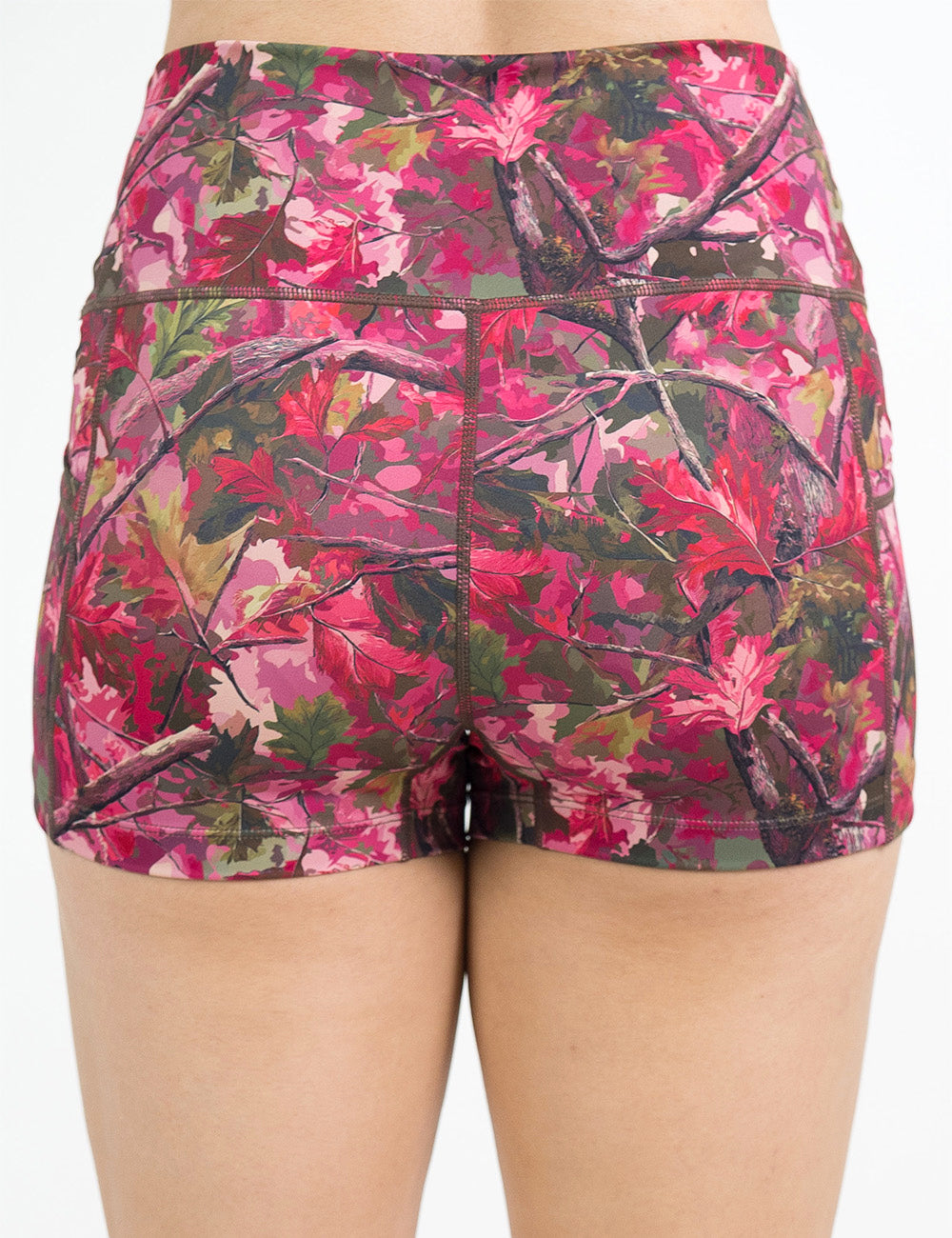 back of the 2.5 inch pink forest camo shorts against a white background