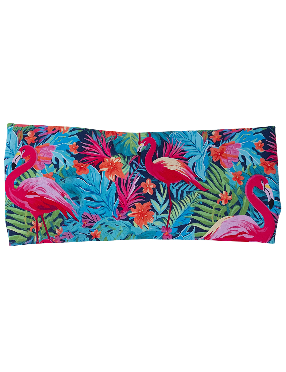 front of the pink flamingos in the jungle headband against a white background