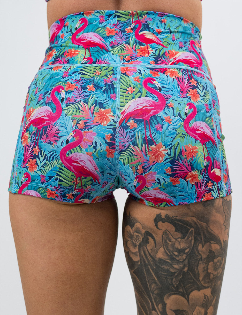 back of the colorful flamingos 2.5 inch shorts against a white background