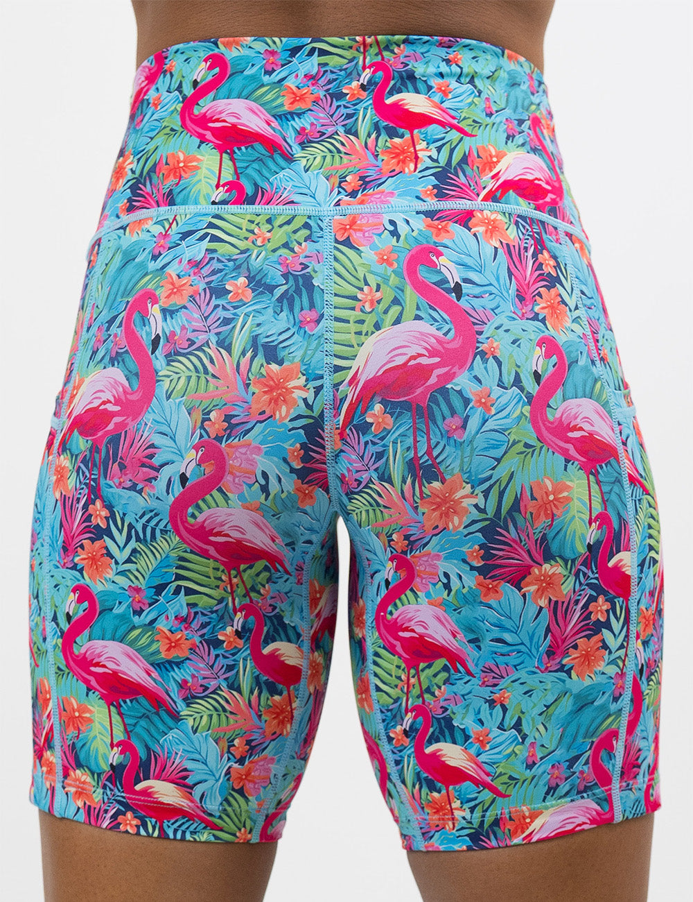 back of the colorful flamingo print 7 inch shorts against a white background