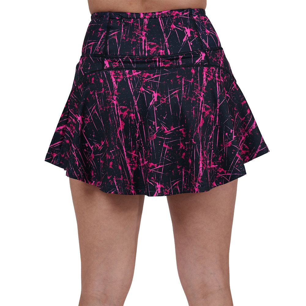 back of the pink paint splatter patterned skirt