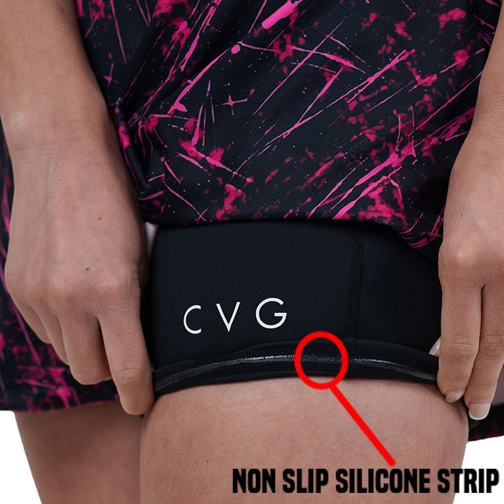 non slip strip on the pink paint splatter patterned skirt