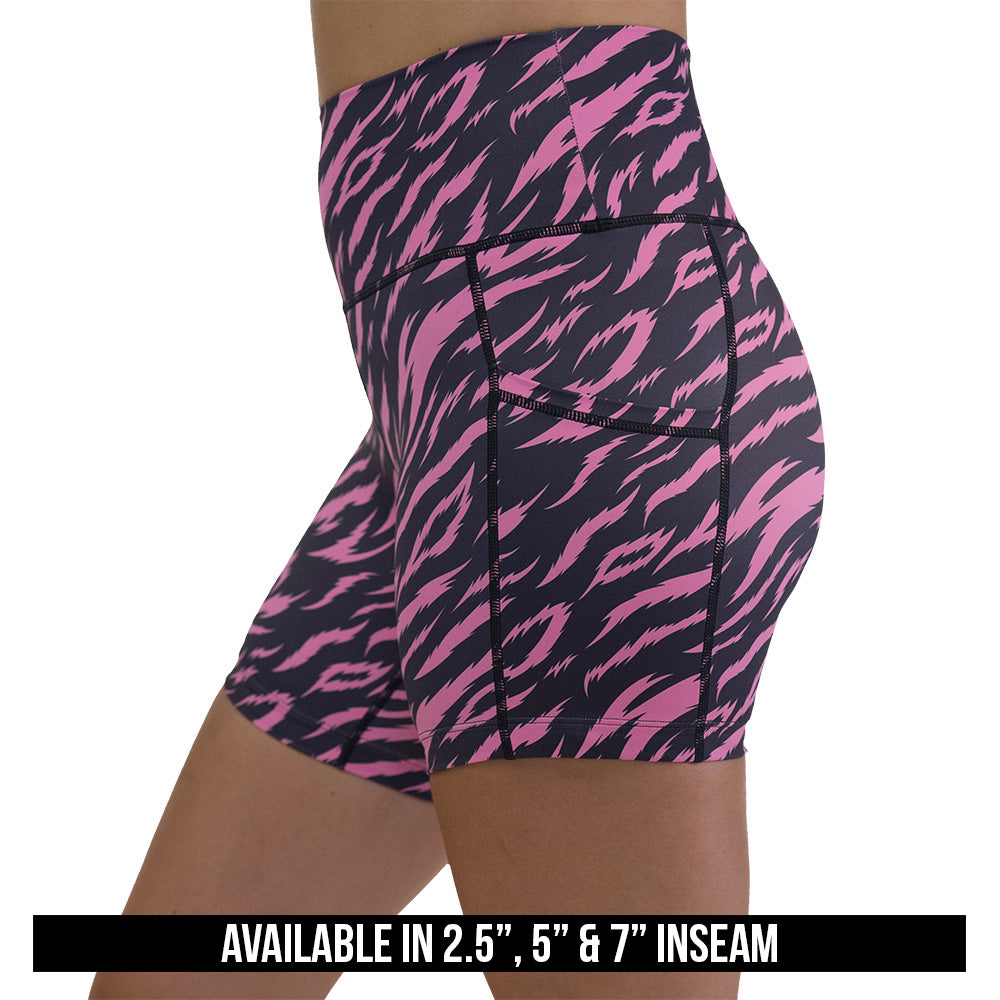 shorts with pink and black zebra pattern available in 2.5, 5 & 7 inch inseams