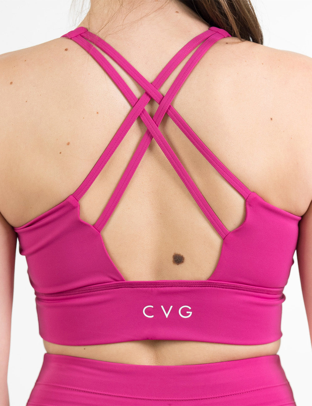 back of the pink longline bra against a white background
