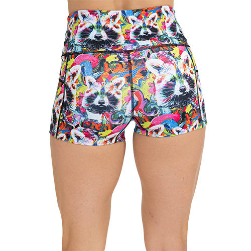 back of colorful raccoon print shorts
