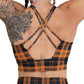 back of orange plaid sports bra