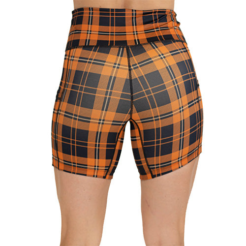 back of orange plaid shorts