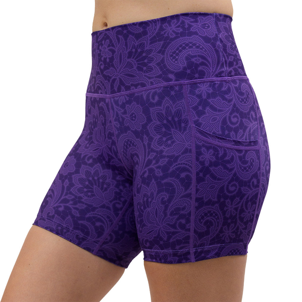 purple flower artwork 5 inch shorts facing the front against a white background
