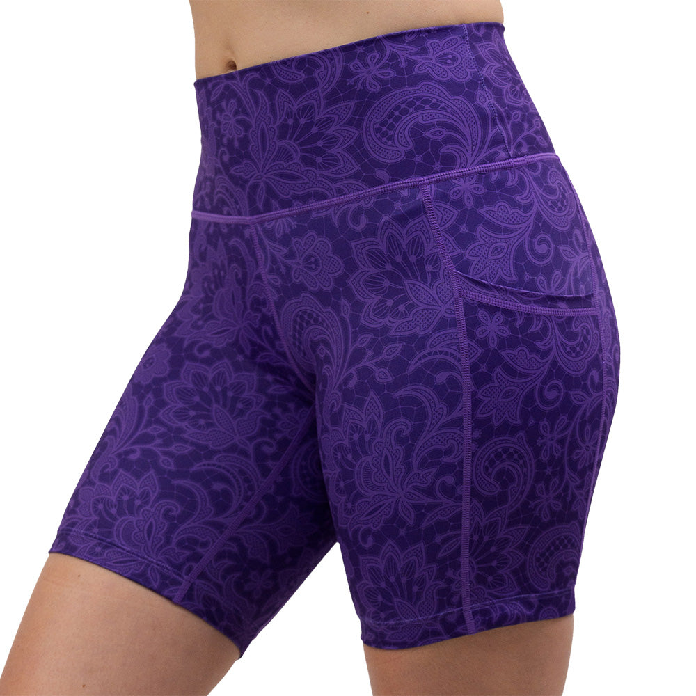 purple flower artwork 7 inch shorts facing the front against a white background
