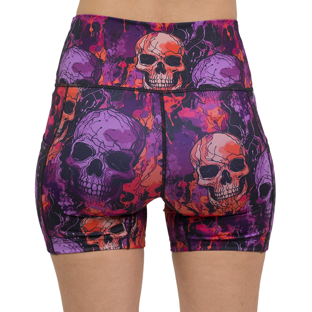 back of the purple and orange skull patterned shorts
