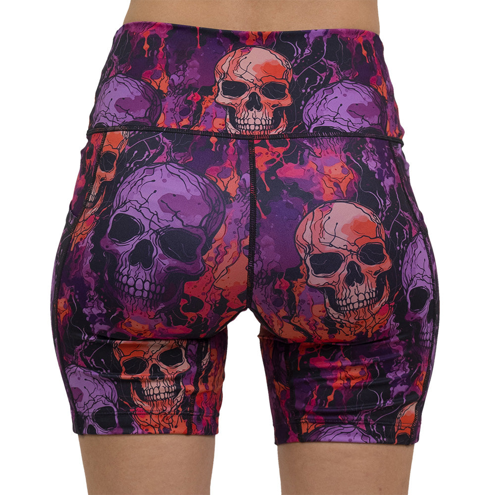 back of the purple and orange skull patterned shorts