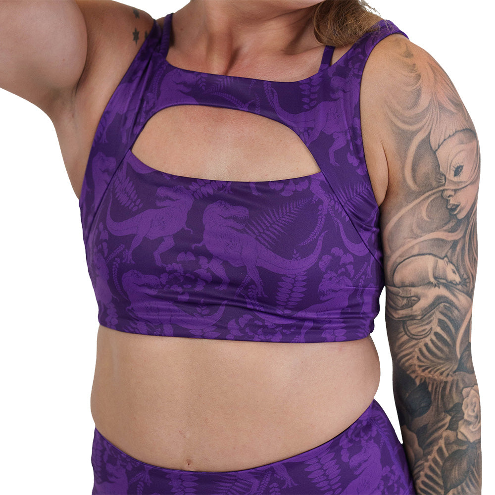 purple dinosaur patterned sports bra