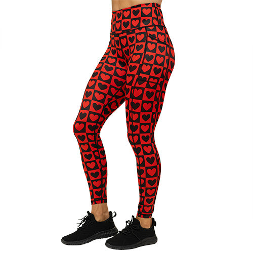 full length black and red heart pattern leggings