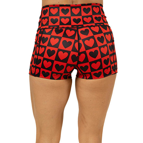 back of 2.5 inch black and red heart pattern shorts