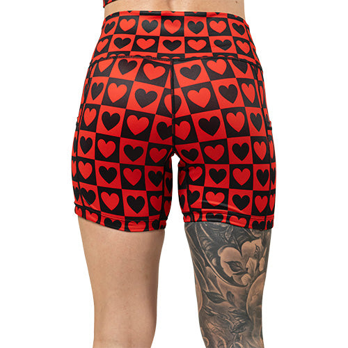 back of 5 inch black and red heart pattern shorts