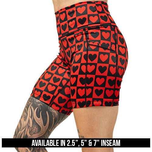 black and red heart pattern shorts available inseams