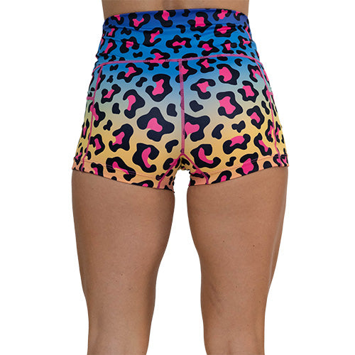back of 2.5 inch rainbow leopard shorts