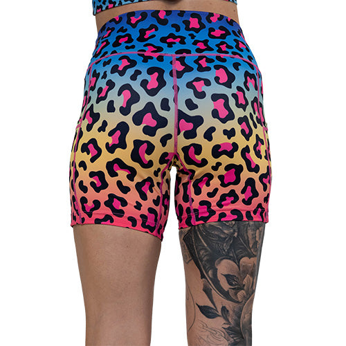 back of 5 inch rainbow leopard shorts