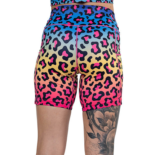 back of the 7 inch rainbow leopard shorts