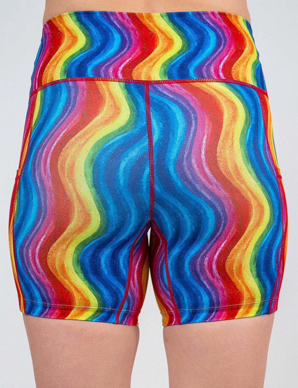 back of the 5 inch rainbow waves shorts against a white background