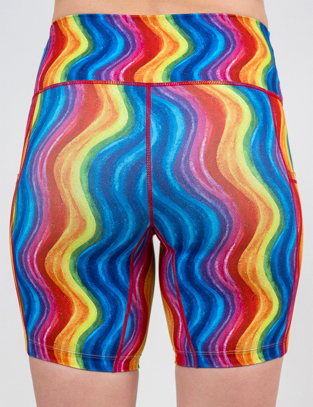 back of the 7 inch rainbow waves shorts against a white background