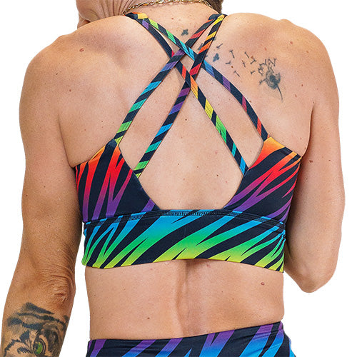 back of rainbow zebra pattern sports bra