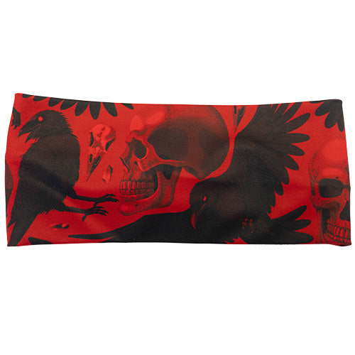 front of red and black raven and skull print headband