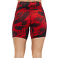 back of red and black raven and skull print shorts